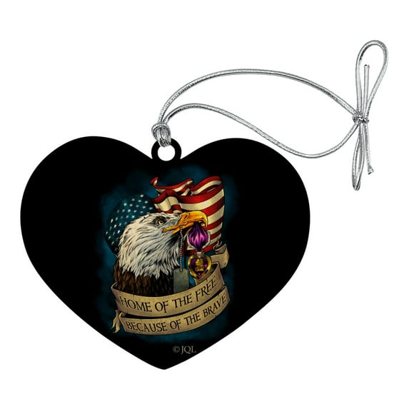 Home of the Free Because of the Brave Purple Heart Eagle American Flag Heart Love Wood Christmas Tree Holiday Ornament