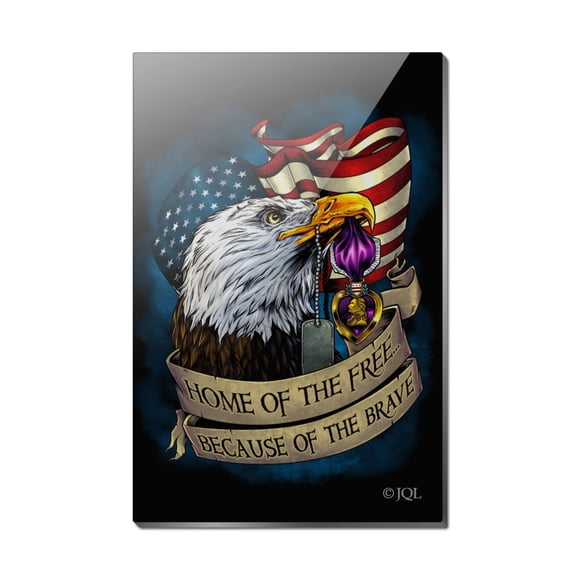 Home of the Free Because of the Brave Purple Heart Eagle American Flag Rectangle Acrylic Fridge Refrigerator Magnet