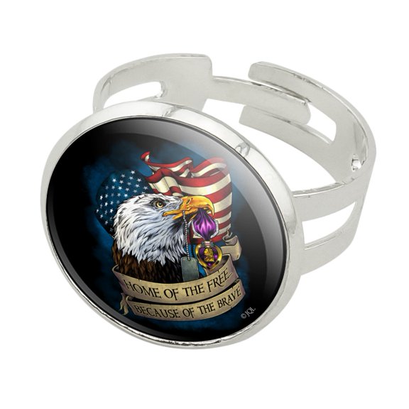 Home of the Free Because of the Brave Purple Heart Eagle American Flag Silver Plated Adjustable Novelty Ring