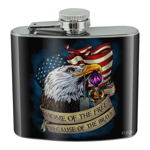 Home of the Free Because of the Brave Purple Heart Eagle American Flag Stainless Steel 5oz Hip Drink Kidney Flask