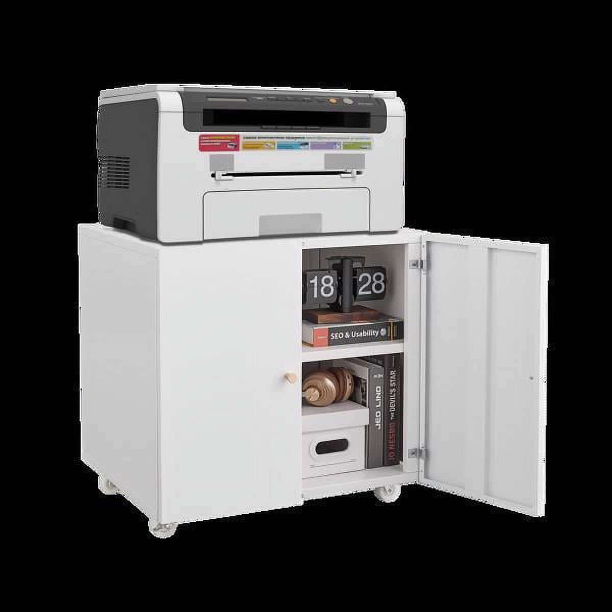 White Metal Rolling Printer Stand with Adjustable Shelves and Storage Cabinet