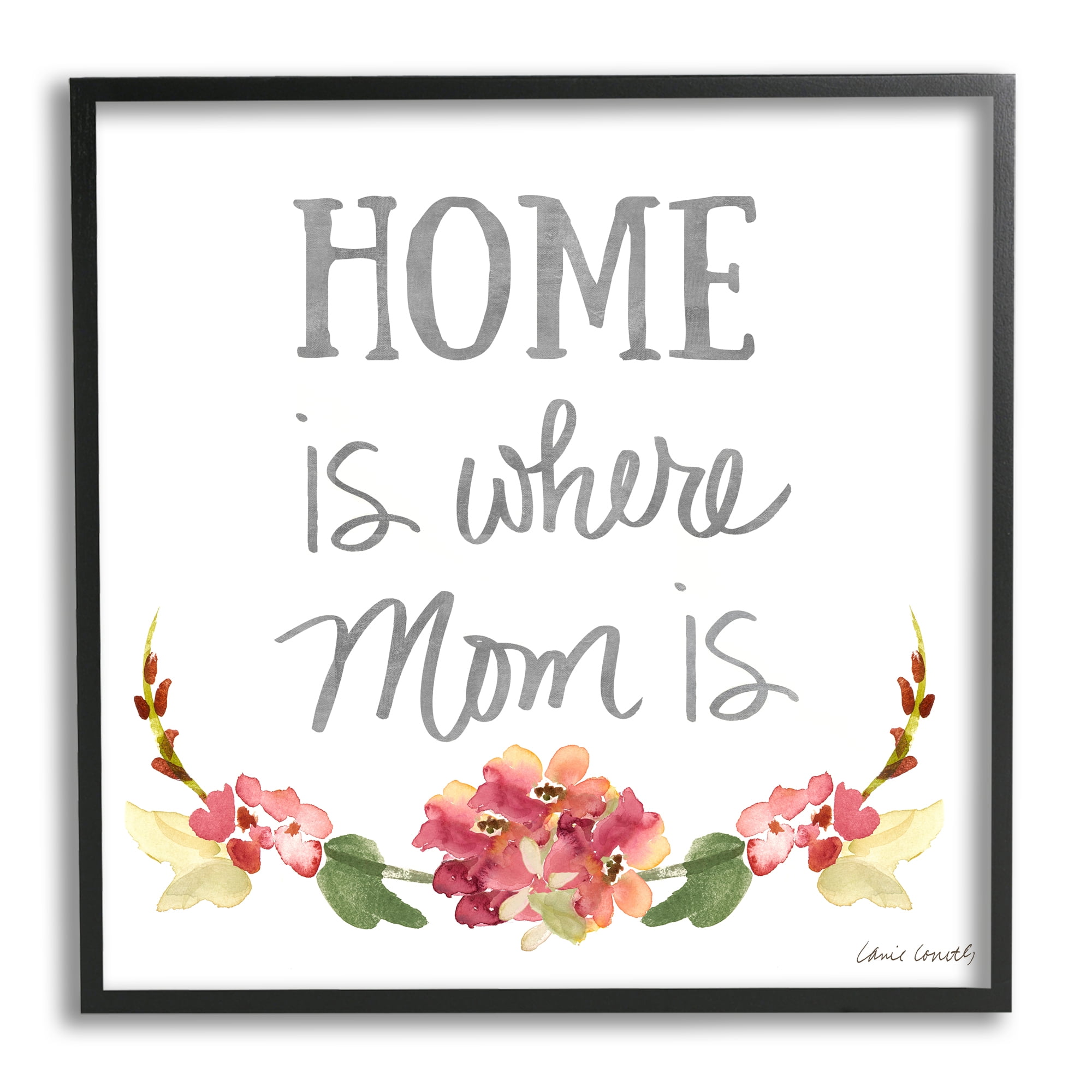 Home's Where Mom Is Pink Floral Family Sentiment Botanical & Floral Framed Art Print Wall Art, 17x17