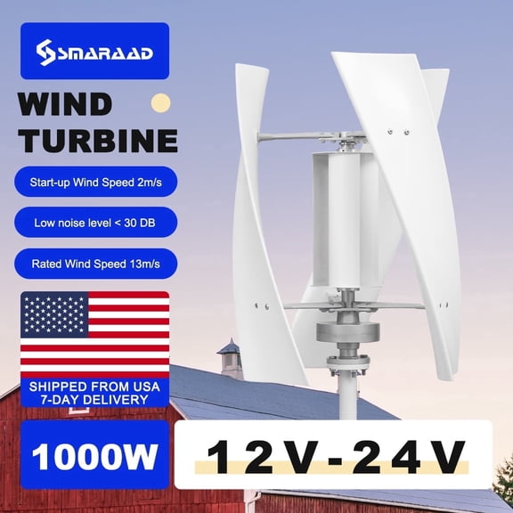 Home vertical-axis wind turbine generator with 24V voltage, rated at 1000W, comes with a free MPPT controller. Suitable for various scenarios such as camping, RVs, rooftops, etc. Low wind speed start