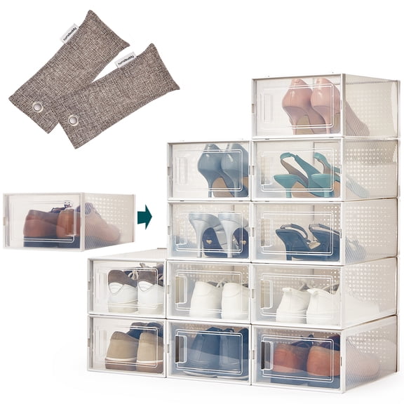 HomeBuddy Shoe Organizer Box - 6 Pack Shoe Box, Stackable Sneaker Storage, Sturdy Shoe Containers with Back Ventilation, Clear Shoe Boxes - Bamboo Charcoal Deodorizers Included