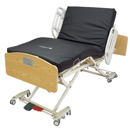 HomeCare Hospital Beds Lynacare HC107 Hi-Low Hospital Bed Set - Oak, MedMattress Care Mattress, Side Rails, 80"x36"
