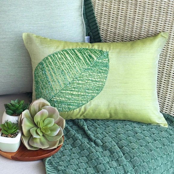 The HomeCentric 12x18 Pillow Cover Green, Luxury Green Lumbar Pillow Cover Leaf Design Tropical Theme Lumbar Pillow Cover Pack of 2, 12"x18" (30x45 cm) Lumbar Pillow Cover Rectangle Silk - Green Leaf