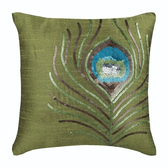 The HomeCentric 24x24 Pillow Cover Green, Handmade Green Shams, Peacock Sequins Beaded Pillow Shams, Pack of 2, 24x24 inch (60x60 cm) Pillow Sham, Square Silk Shams, Art Deco - Green Peacock