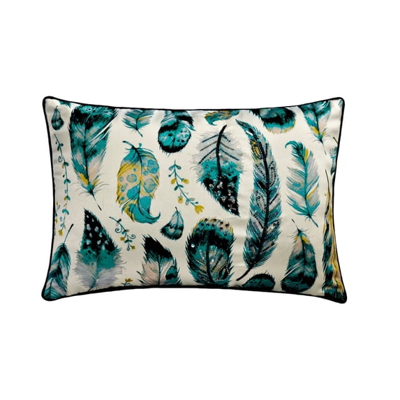 The HomeCentric Blue Pack of 2,12"x24" (30x60 cm) Lumbar Pillow Cover, Satin Peacock Feather Beaded Oblong Pillow, Birds Pattern Modern Style - Mayura