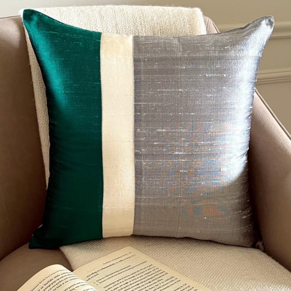 The HomeCentric Chair Cushion Cover Decorative Green & Grey Pack of 2 22x22 inch (55x55 cm) Cushion Covers Silk Color Block Patchwork Throw Pillows For Couch Patchwork Modern Style - Splendour Green