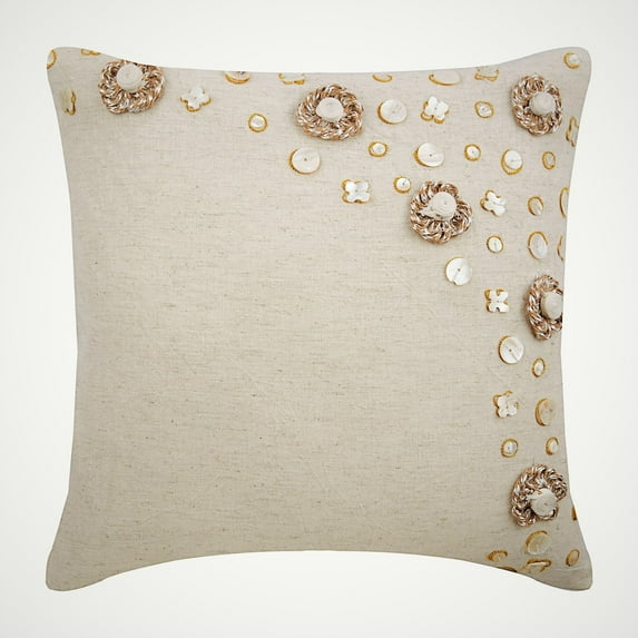 The HomeCentric Chair Cushion Cover Ecru Pillows Cover Jute Flowers Pearls Floral Theme Pillows Cover Pack of 2 18x18 inch (45x45 cm) Pillows Cover Square Cotton Pillows Cover Floral - Jute Flowers