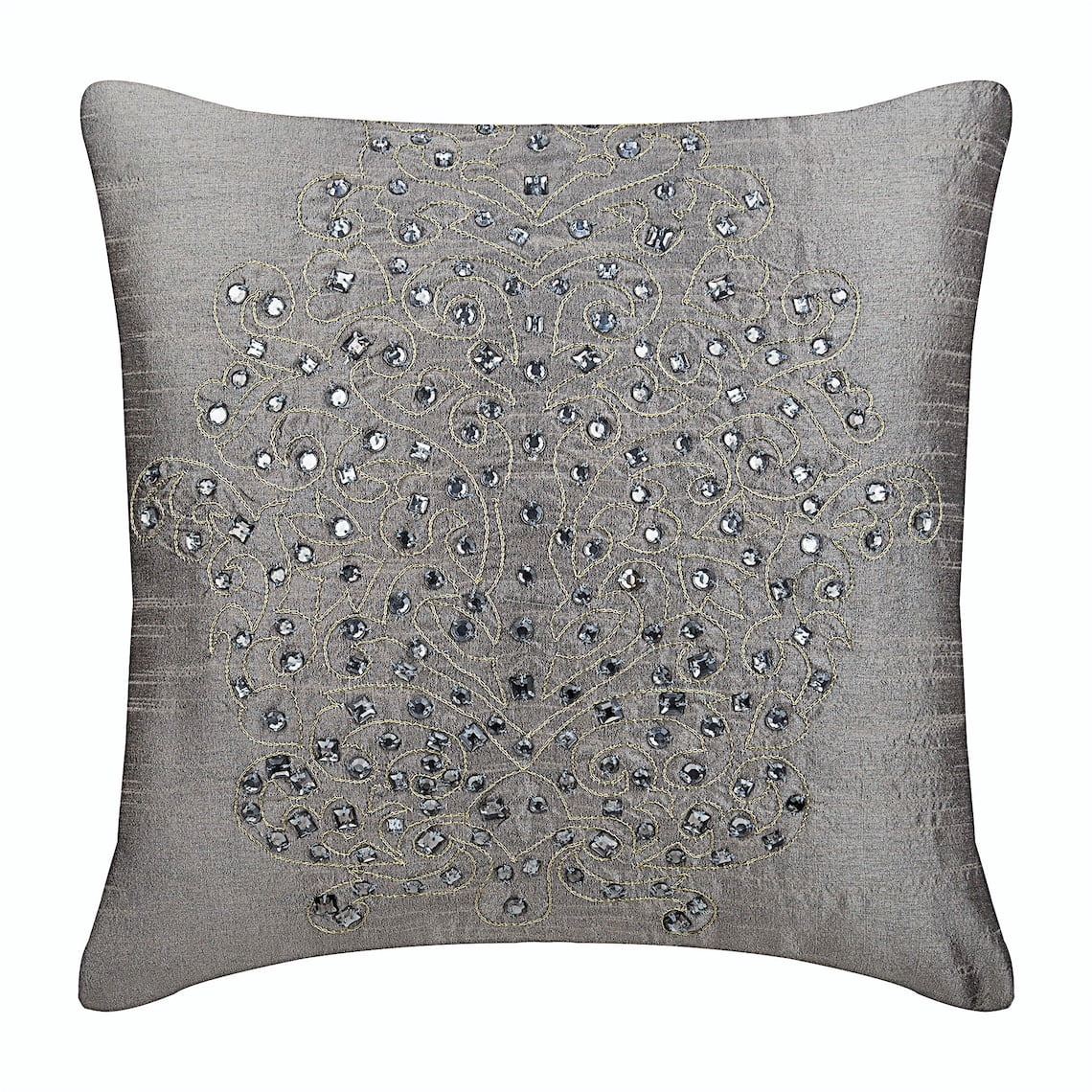The HomeCentric Chair Cushion Cover, Silver Pillow Shams, Gold Crystals Damask Embroidered Pillow Shams, Pack of 2, 24x24 inch (60x60 cm) Pillow Sham, Square Silk Pillow Shams, - Silver Gold Damask