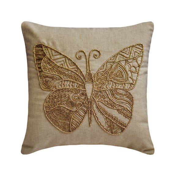 The HomeCentric Cushion Cover For Chair, Beige Pack of 2, 16"x16" (40x40 cm) Throw Pillows, Linen Butterfly & Beaded Throw Pillows For Couch, Nature & Floral Pattern Modern Style Easter - Chrysallis