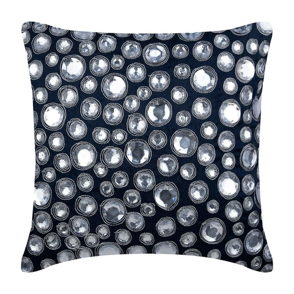 The HomeCentric Cushion Cover For Chair, Navy Blue Decorative Pillow Cover, Pack of 2, 18x18 inch (45x45 cm) Silk Pillow, Square Diamante Crystals Embroidered Pillow Cover, Blue - Navy Night Diamonds