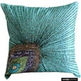 thumbnail image 1 of The HomeCentric Cushion Cover Custom, Aqua Blue Decorative Throw Pillow Covers Pack of 2, 16x16 inch (40x40 cm) Silk Throw Pillows For Couch, Birds, Peacock Feather, Art Deco, Beaded, - Peacock Grace, 1 of 10