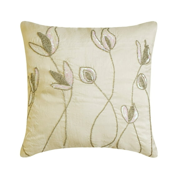 The HomeCentric Cushion Cover Custom Cream Pillow Cover Sequins Beaded Lily Flower Floral Theme Pillow Cover Pack of 2 14x14 inch (35x35 cm) Cushion Cover Square Silk Throw Pillow - Lily Of The Valley
