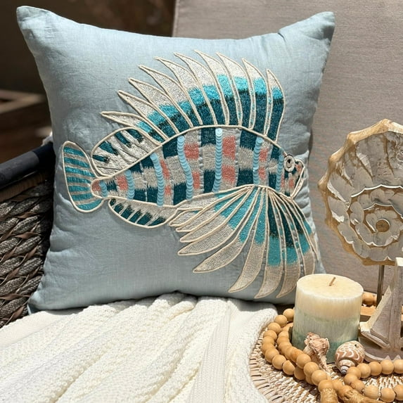 The HomeCentric Cushion Cover Custom Dull Blue Pack of 2, 22x22 inch (55x55 cm) Pillow Cover For Sofa Linen Fish Embroidered Pillowcase With Zipper Sea Creatures Beach - Dream Fish