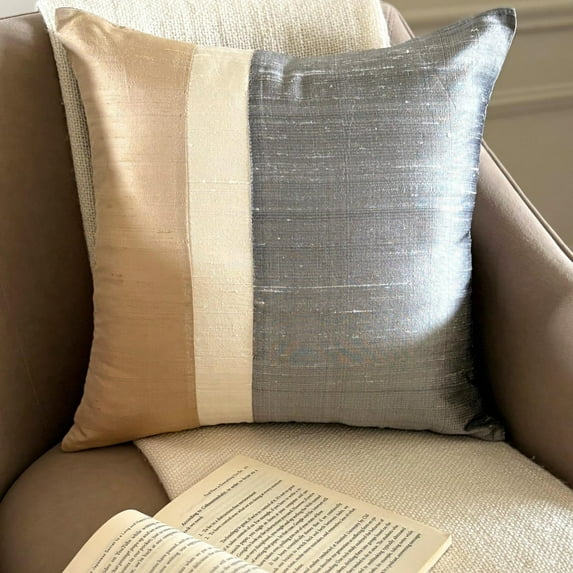 The HomeCentric Cushion Cover Custom, Gold & Grey Pack of 2, 12x12 inch (30x30 cm) Pillow Covers, Silk Color Block Patchwork Throw Pillows For Sofa, Patchwork Modern Style Easter - Splendour Gold