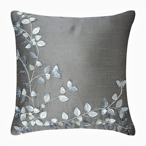 The HomeCentric Cushion Cover Custom Pillow CoverPack of 2 22x22 inch (55x55 cm) Silver Pillow Cover Faux Leather Pearl Leaves Pillow Cover Art Silk Square Pillow CoverFloral - Silver Beauty