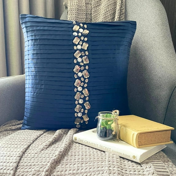 The HomeCentric Cushion Cover, Navy Blue Pillow Shams, Pintucks Crystals Pillow Sham, Pack of 2, 24x24 inch (60x60 cm) Pillow Shams, Square Silk Pillow Sham, Pillow Shams, Striped - Navy Blue Crystals