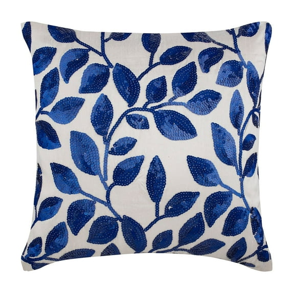 The HomeCentric Cushion Covers, Blue Designer Pillowcases Pack of 2, 16x16 inch (40x40 cm) Silk Cushion Cover, Nature & Floral, Leaf, Sequins Embellished, Zippered Pillow Covers - Wintry Blue Leaves