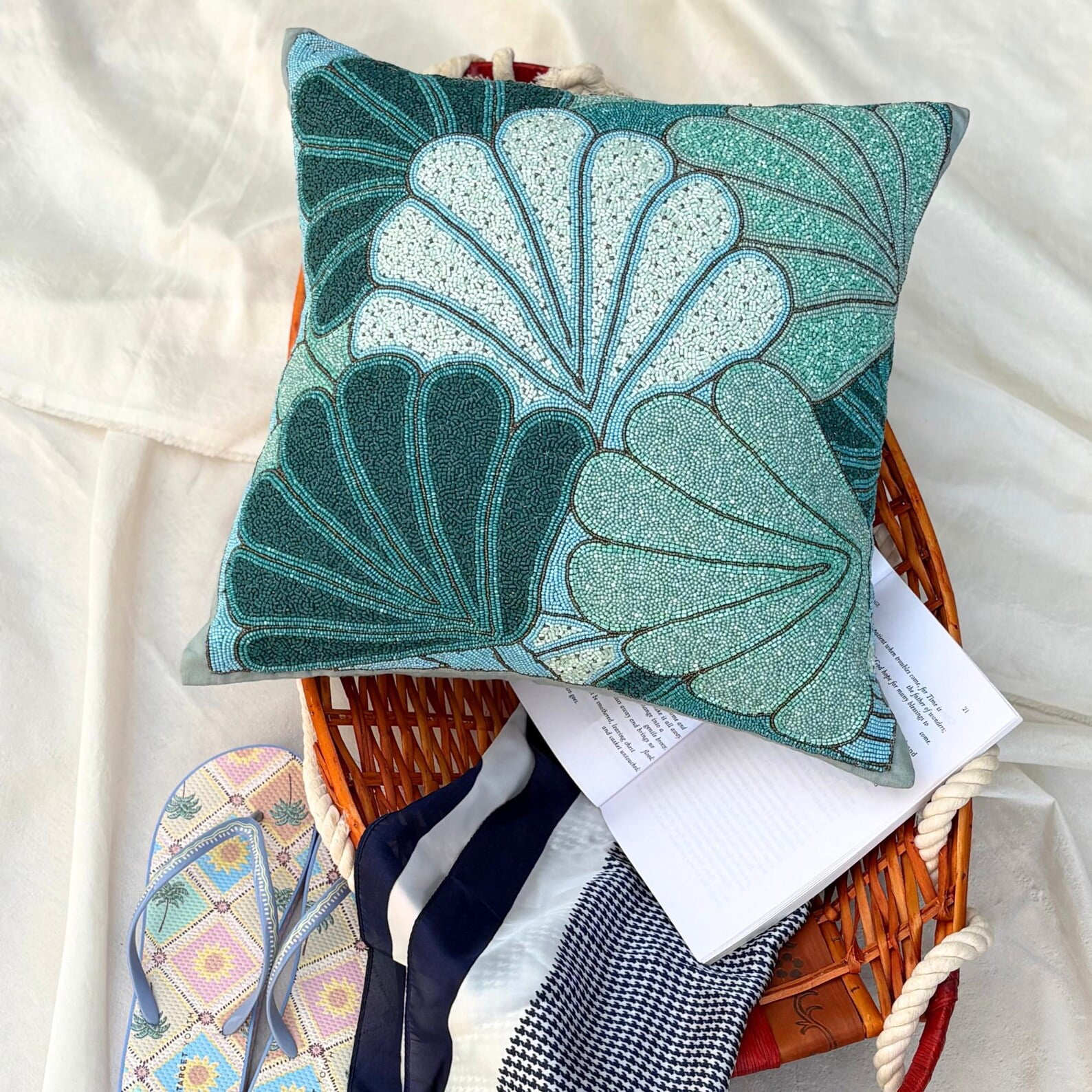 The HomeCentric Cushion Covers, Blue Pack of 2, 16"x16" (40x40 cm) Throw Pillow Cover, Art Silk Sea Shells Sea Theme & Beaded Throw Pillows For Sofa, Sea Creatures Beach Style Style - Sea Foam Shells