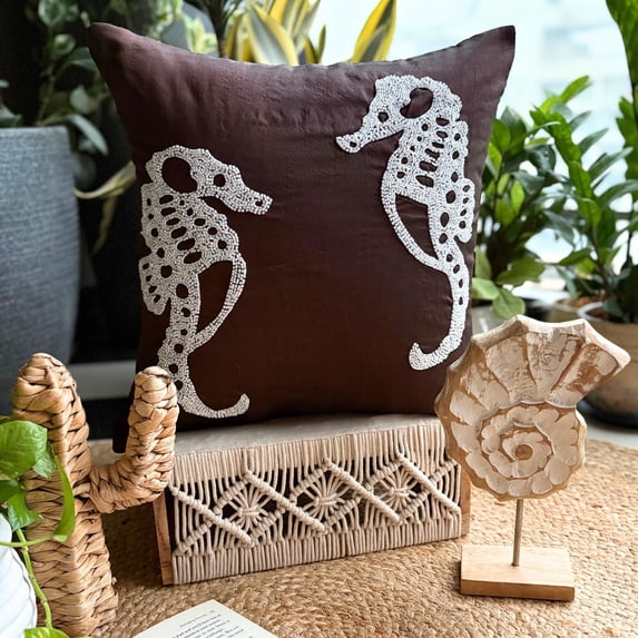 The HomeCentric Cushion Covers Brown Accent Beaded Sea Horse Ocean Beach Theme Throw Pillow Cover Pack of 2 14x14 inch (35x35 cm) Throw Pillow Cover Square Silk Pillow Floral Sea - Ivory Sea Horse