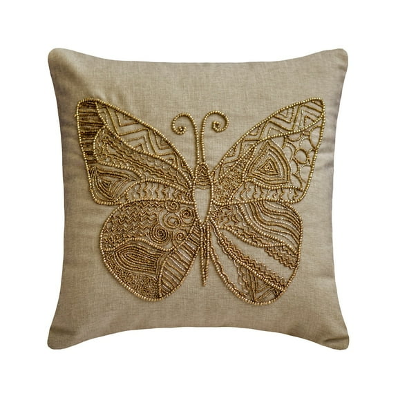The HomeCentric Cushion Covers For Chairs, Beige Pack of 2, 20x20 inch (50x50 cm) Throw Pillows, Linen Butterfly & Beaded Throw Pillows For Couch, Nature & Floral Modern Style Easter - Chrysallis