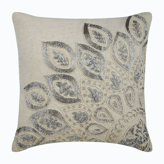 The HomeCentric Cushion Covers For Couch Ecru Pillow Cover Pack of 2 20x20 inch (50x50 cm) Linen Pillow Cover Zardozi Sequins Ethnic Sparkly Glitter Pillow Cover Beige Pillow Cover- Silver Charmer
