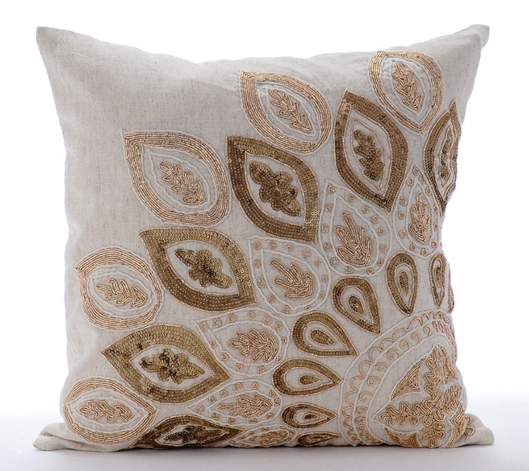 The HomeCentric Cushion Covers Ecru Pillow Cover Zardozi Sequins Ethnic Sparkly Glitter Pillow Cover Pack of 2 18x18 inch (45x45 cm) Cushion Cover Square Cotton Linen Pillow Cover Floral - Gold Charm