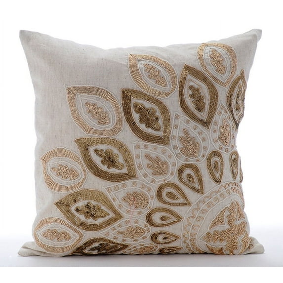 The HomeCentric Cushion Covers Pack of 2 22x22 inch (55x55 cm) Cushion Cover Ecru Pillow Cover Zardozi Sequins Ethnic Sparkly Glitter Pillow Cover Cotton Linen Square Pillow case Floral - Gold Charm