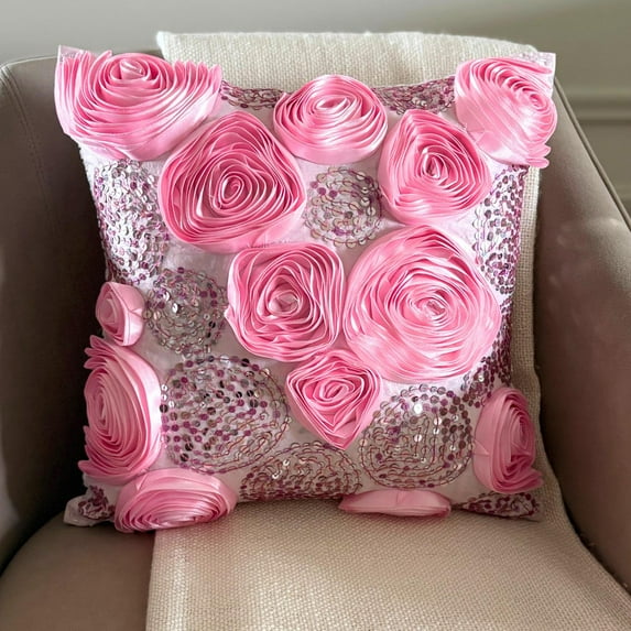 The HomeCentric Cushion Covers, Pink Designer Pillow Covers Pack of 2, 16x16 inch (40x40 cm), Silk Pillows, Nature & Floral, Roses, Ribbon Embroidery, Modern Cushion Cover Easter - Sweet Kisses