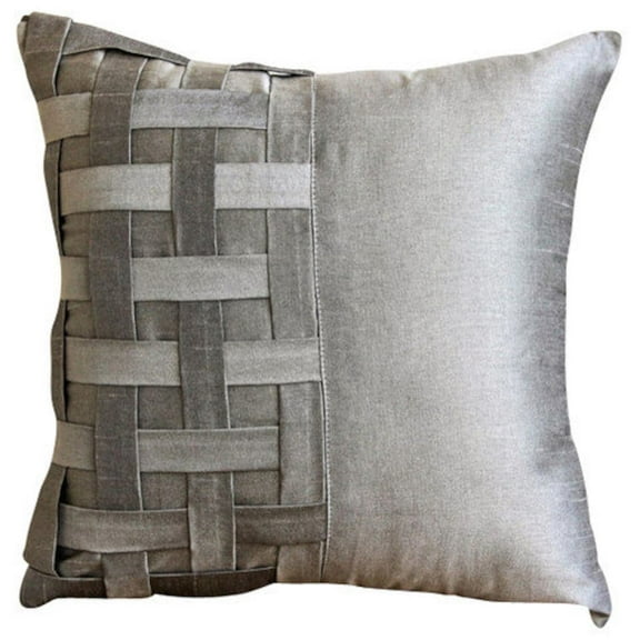 The HomeCentric Cushion Covers Silver Grey Pillow Covers Pack of 2 16x16 inch (40x40 cm) Silk Throw Pillows For Couch Solid Color Pintucks Textured Basket Weave Modern Pillow - Grey Silver Bricks
