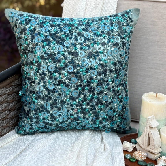 The HomeCentric Custom Cushion Cover, Blue Pillow Cover, Geometric Throw Pillow Cover, Pack of 2, 12x12 inch (30x30 cm) Cushion Cover, Art Silk Square Pillow Cover, 3D Sequins Pillow - Sea The Dream