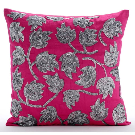 The HomeCentric Custom Cushion Cover, Decorative Pink Cushion Cover Pack of 2, 16x16 inch (40x40 cm) Silk Throw Pillow Covers, Nature & Floral, Tulips, Sequins Embellished, Throw Pillows - Tulip Twirl