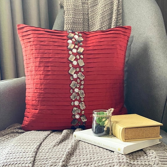 The HomeCentric Custom Pillow Case Red Pillow Shams Pintucks & Crystals Pillow Shams Pack of 2 24x24 inch (60x60 cm) Pillow Sham Square Silk Shams Pillow Shams Style Striped - Deep Red Crystals