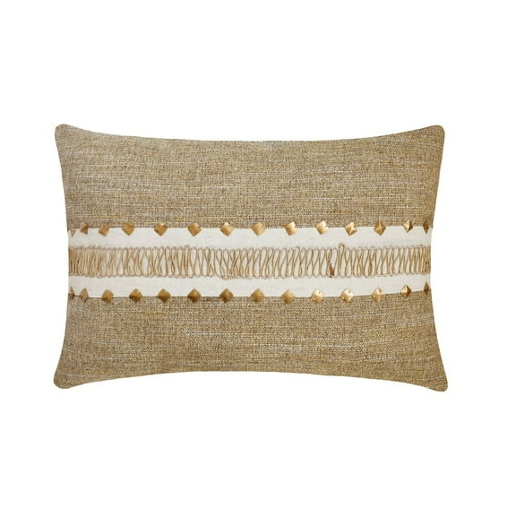 The HomeCentric Decorative Beige 12"x16" (30x40 cm) Lumbar Pillow Cover, Jute & Linen Lace, Jute, Handmade Sequins Oblong Pillow, Solid Pattern Contemporary Style - Terra Beige