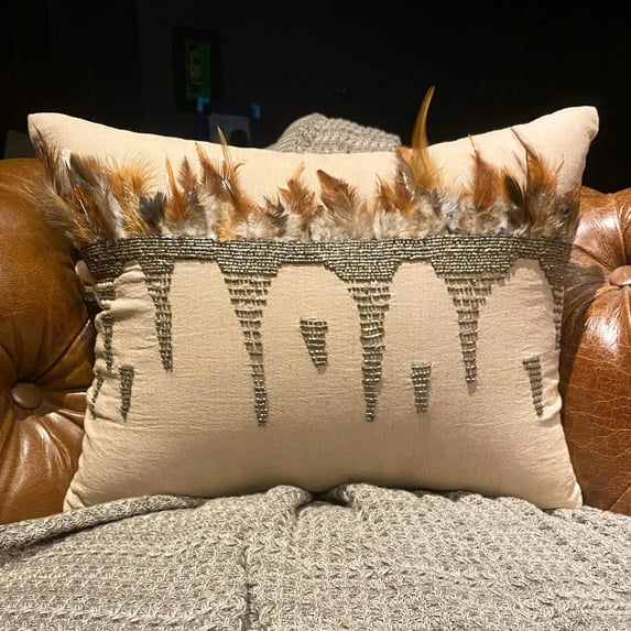 The HomeCentric Decorative Beige Pack of 2, 12"x16" (30x40 cm) Oblong Couch Pillow Covers, Linen Feathers & Beaded Cushion Cover Sofa, Animal Pattern Modern Style - Feather Beads