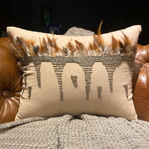 The HomeCentric Decorative Beige Pack of 2, 12"x20" (30x50 cm) Oblong Couch Pillow Covers, Linen Feathers & Beaded Cushion Cover Sofa, Animal Pattern Modern Style - Feather Beads