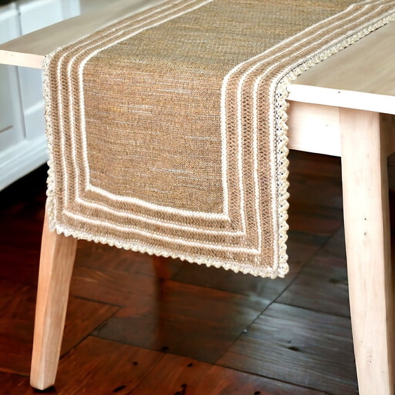 The HomeCentric Decorative Beige Table Runner 4 - 6 Seater Table Runner (14 x 64 inch), Lace, Border, Tassels, Bohemian, Jute fabric Table Linen, Bordered Pattern Contemporary Style - Bohemian Beauty