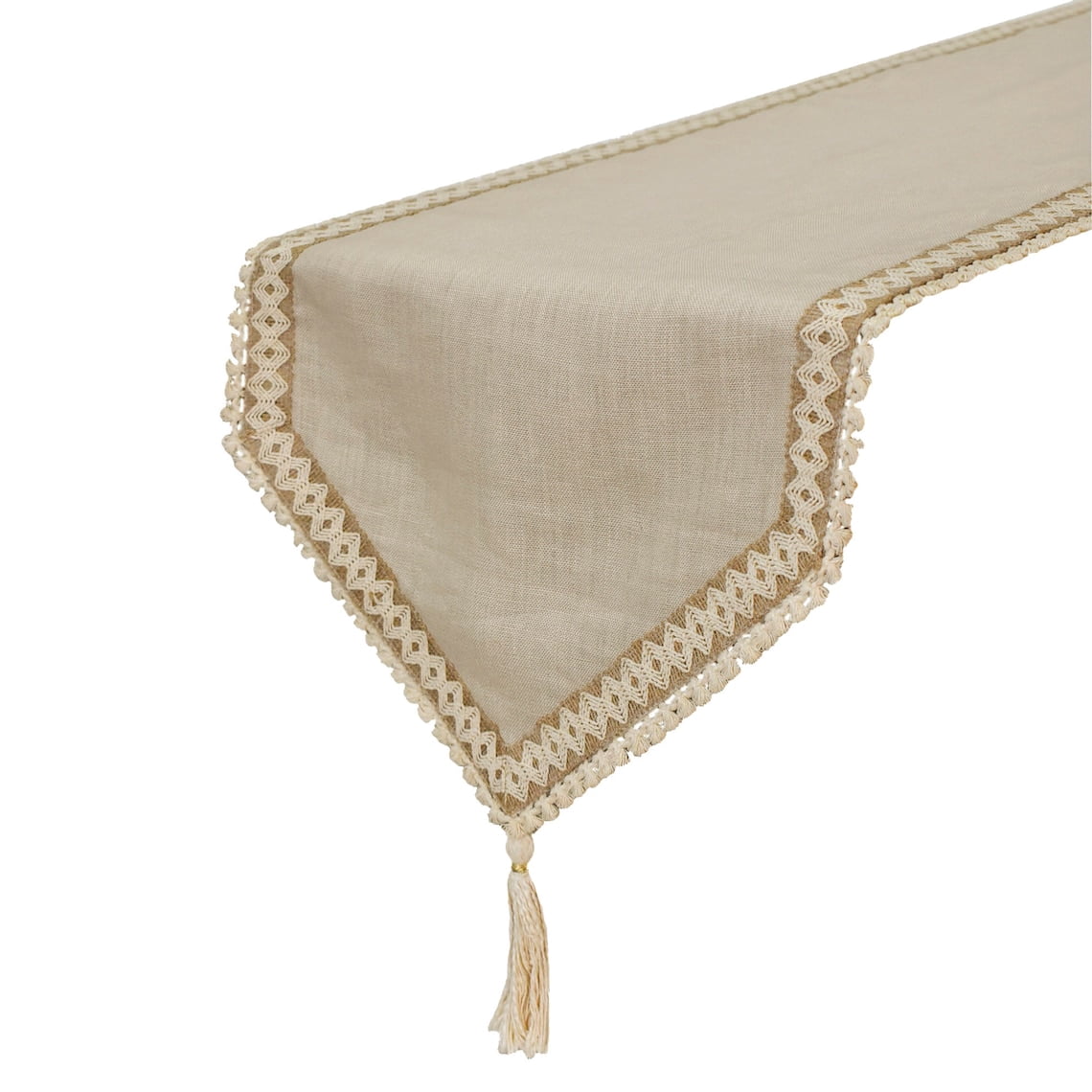 The HomeCentric Decorative Beige Table Runner Coffee Table Runner (14 x 36 inch) Lace, Tassels, Linen fabric Table Linen, Bordered Pattern Contemporary Style - Timeless Linen Loom
