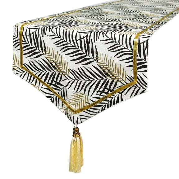 The HomeCentric Decorative Black & Gold 6 - 8 Seater Table Runner (16 x 90 inch), Leaf Pattern, Gold Glitter, Metallic Gold & Tassels, Cotton fabric Table Linen, Floral Pattern Modern Style - Panra