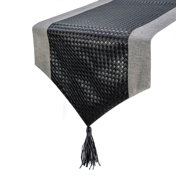 The HomeCentric Decorative Black Table Runner Coffee Table Runner (14 x 36 inch) Patchwork, Leather & Tassels Table Runner, Faux Leather fabric Table Linen, Patchwork Modern - Black Leathersmith