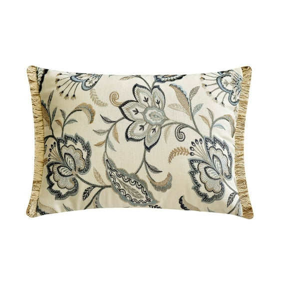 The HomeCentric Decorative Blue Pack of 2, 12"x20" (30x50 cm) Lumbar Pillow Cover, Linen Embroidery & Jute Lace trim Oblong Pillow, Floral Pattern Contemporary Style - Atasi
