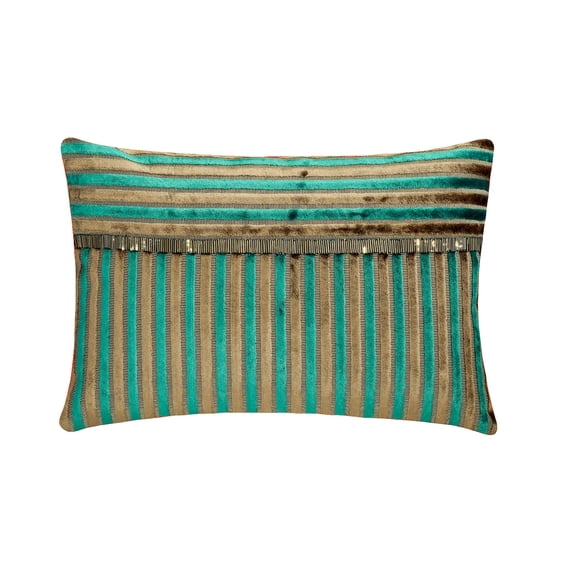 The HomeCentric Decorative Blue Pack of 2, 12"x20" (30x50 cm) Lumbar Pillow Cover, Velvet Beaded Oblong Pillow, Striped Pattern Modern Style - Turquoise Stripes