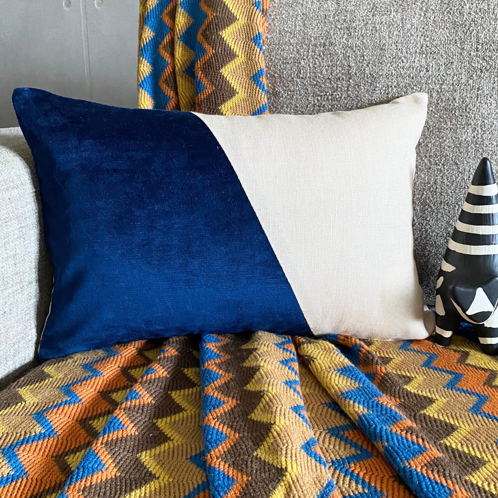The HomeCentric Decorative Blue Pack of 2, 12"x20" (30x50 cm) Lumbar Pillow Cover, Velvet & Linen Solid Color Block Oblong Pillow, Patchwork Pattern Modern Style - Velutinous Blue