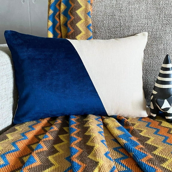 The HomeCentric Decorative Blue Pack of 2, 12"x20" (30x50 cm) Lumbar Pillow Cover, Velvet & Linen Solid Color Block Oblong Pillow, Patchwork Pattern Modern Style - Velutinous Blue
