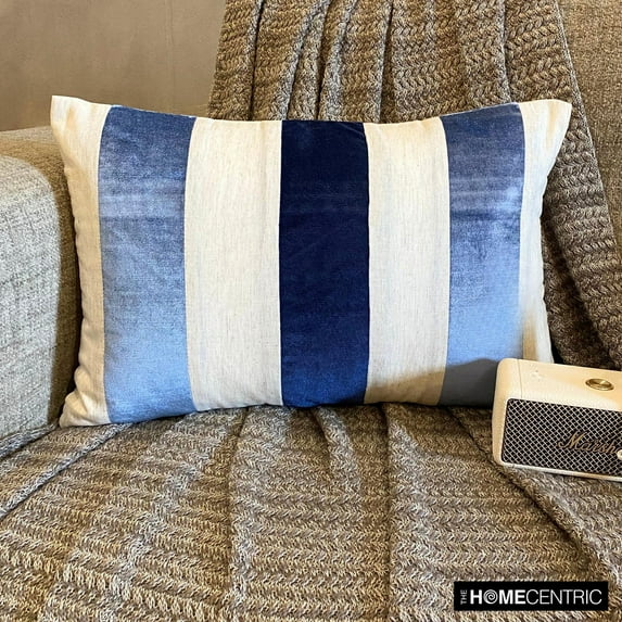 The HomeCentric Decorative Blue Pack of 2,12"x24" (30x60 cm) Lumbar Pillow Cover, Linen & Velvet Color Blocking & Patchwork Oblong Pillow, Striped Pattern Modern Style - Swathe Blue