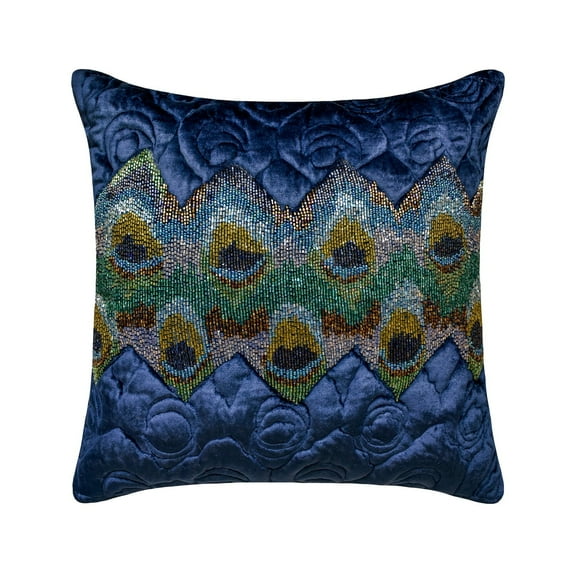 The HomeCentric Decorative Blue Pack of 2, 14x14 inch (35x35 cm) Throw Pillows, Velvet Quilted, Bead Embroidery & Peacock Decor Throw Pillows For Couch, Floral Pattern Modern Style Easter - Neelkanth