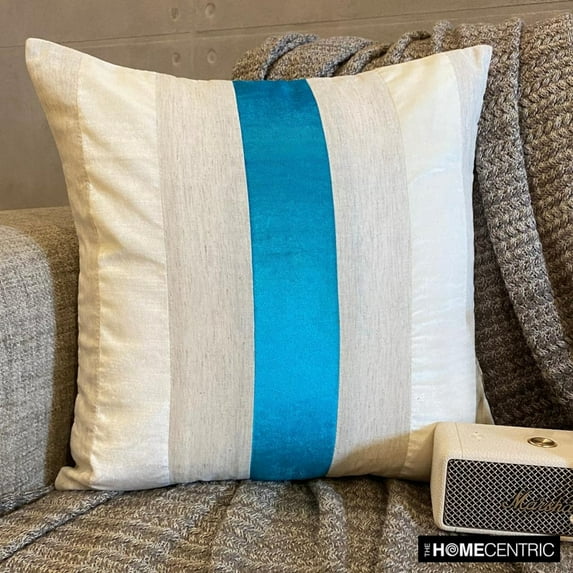 The HomeCentric Decorative Blue Pack of 2, 16"x16" (40x40 cm) Throw Pillow Covers, Velvet & Linen Patchwork Throw Pillows For Sofa, Striped Pattern Modern Style Easter - Velvet Band Turquoise