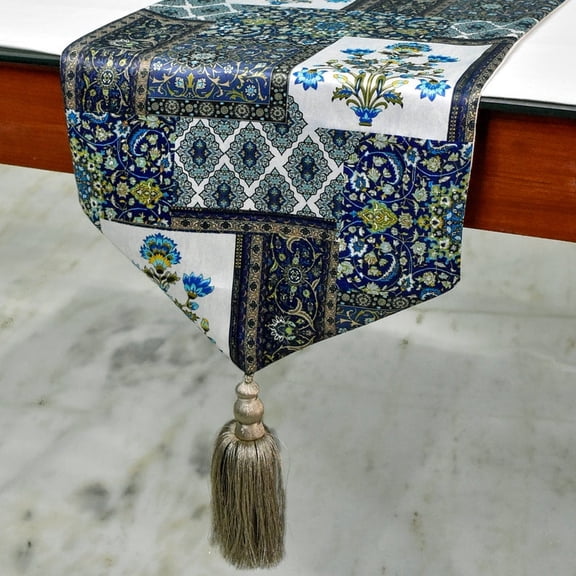 The HomeCentric Decorative Blue Table Runner 6 - 8 Seater Table Runner (14 x 90 inch) Persian, Floral, Tassels & Satin Table Runner, Satin fabric Table Linen, Persian Contemporary - Niloufar Blue
